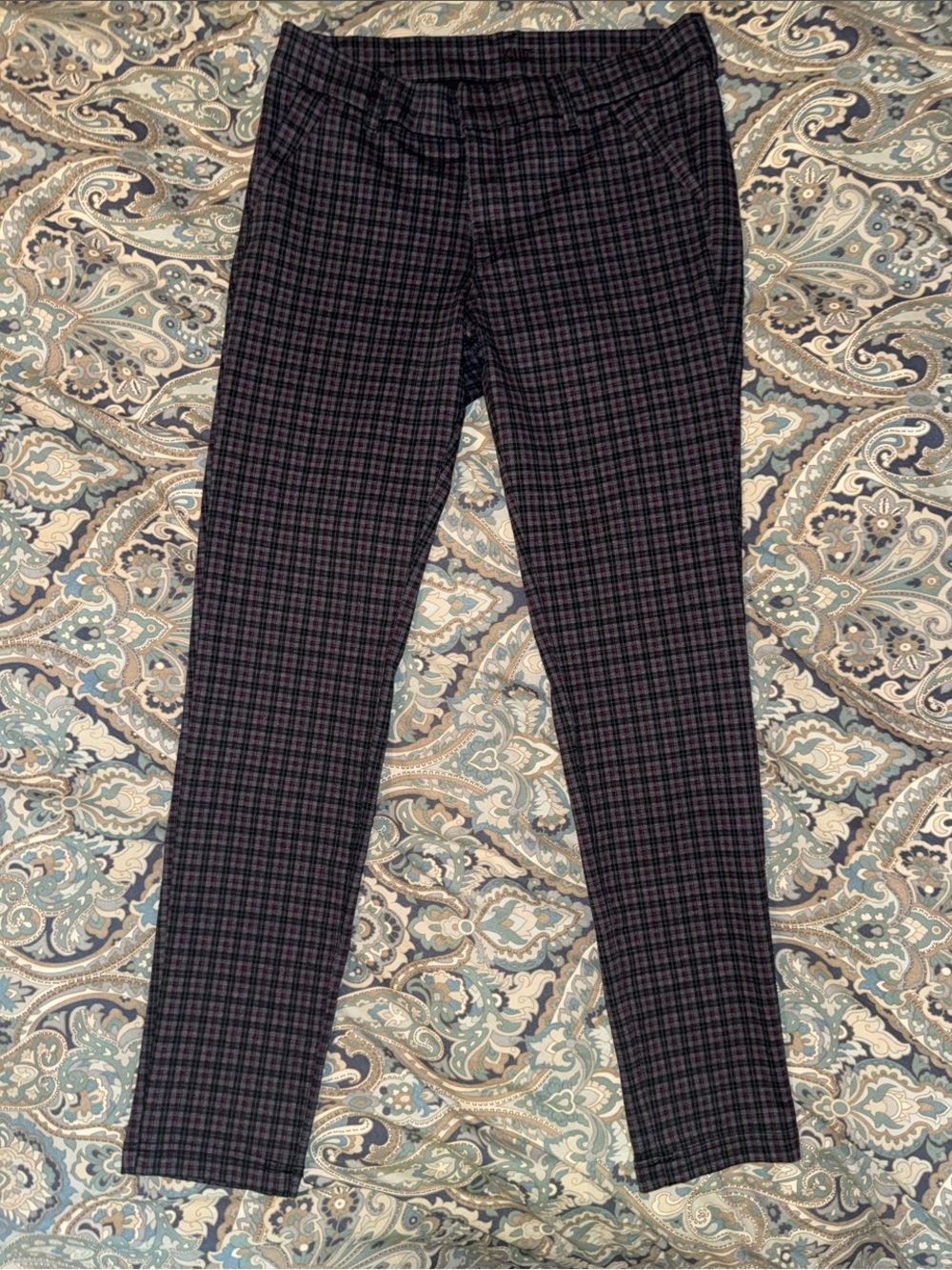 Kut from the Kloth Plaid Skinny Pants in Black and Purple Plaid